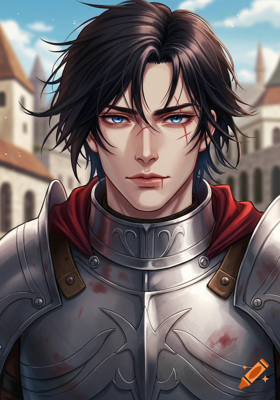 Anime-style portrait of a knight with dark hair, blue eyes, scars, and armor.