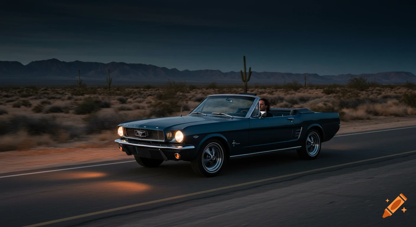 A dark blue 1965 Mustang convertible drives down a desert road at dusk, with saguaro cacti and mountains in the background.