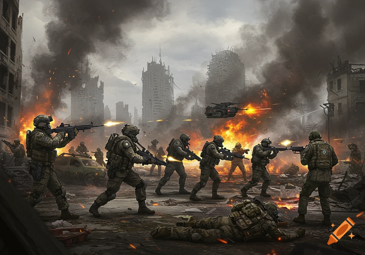 A picture of soldiers battling in a destroyed city during wartime.