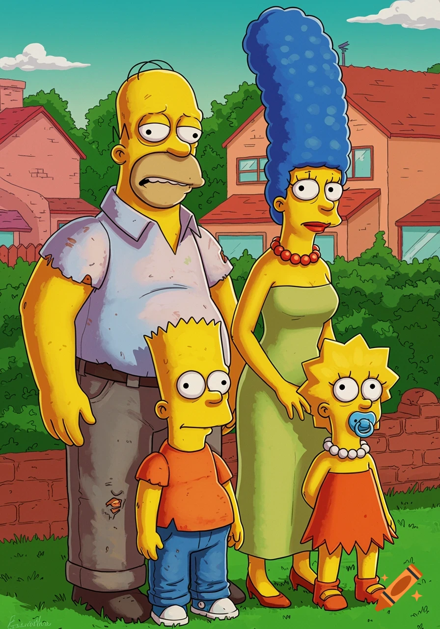 The Simpson family, Homer, Marge, Bart, and Lisa, stand together in their yard in a cartoon style.