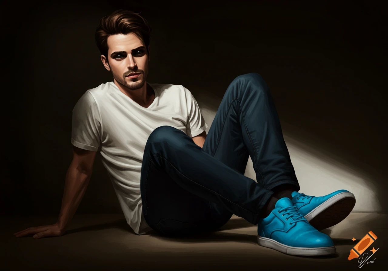 A man with dark hair, white shirt, blue jeans, and blue shoes sitting on the floor.