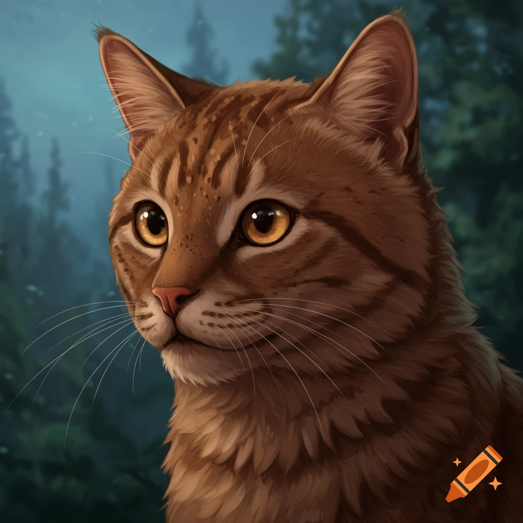Illustration of a brown tabby cat headshot against a blurry forest background.