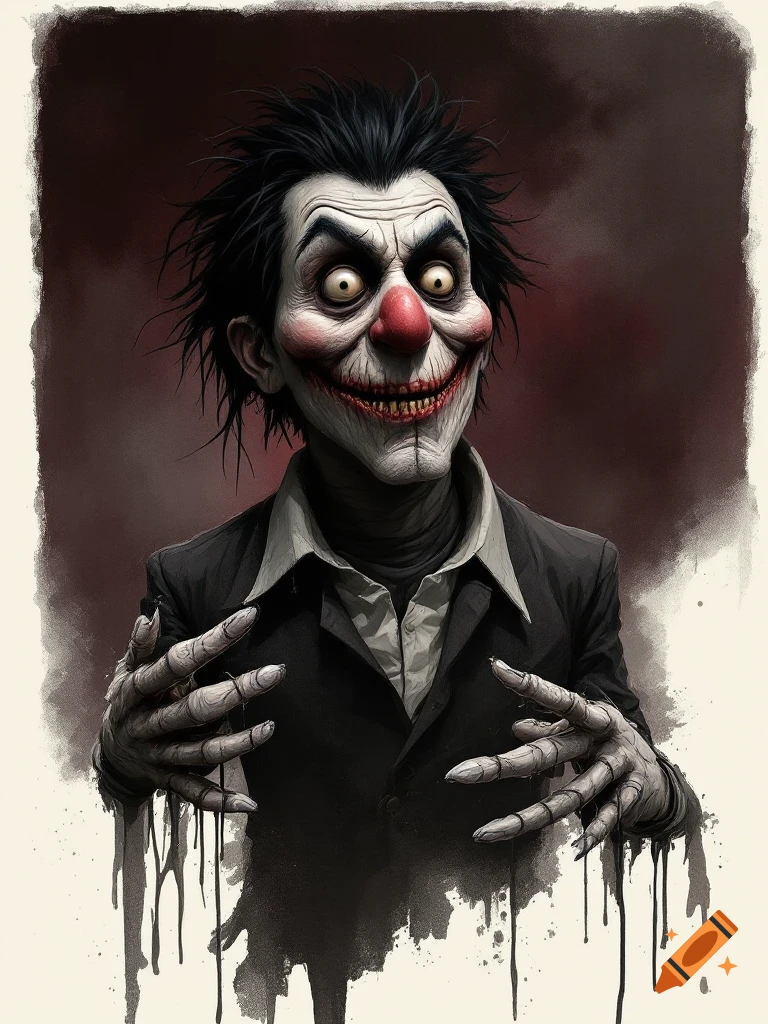 A creepy, wide-eyed macabre character with white face paint, red nose, and exaggerated smile, reaching out with drippy hands.