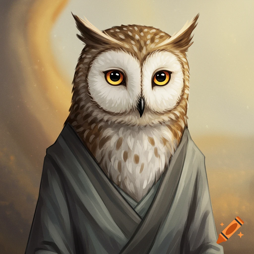 A wise old owl in a gray robe.