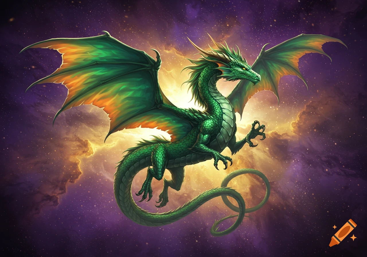 A green dragon with outstretched wings flies through a starry purple sky with orange clouds.