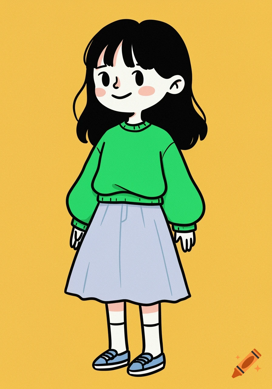 A simple cartoon drawing of a girl in a green sweater and blue skirt on a yellow background.