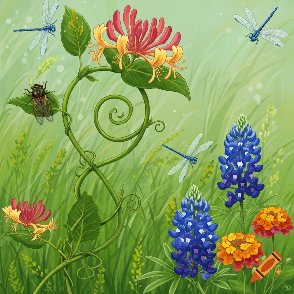 Cicada, dragonflies, honeysuckle, bluebonnets, and lantana flowers in a whimsical field.