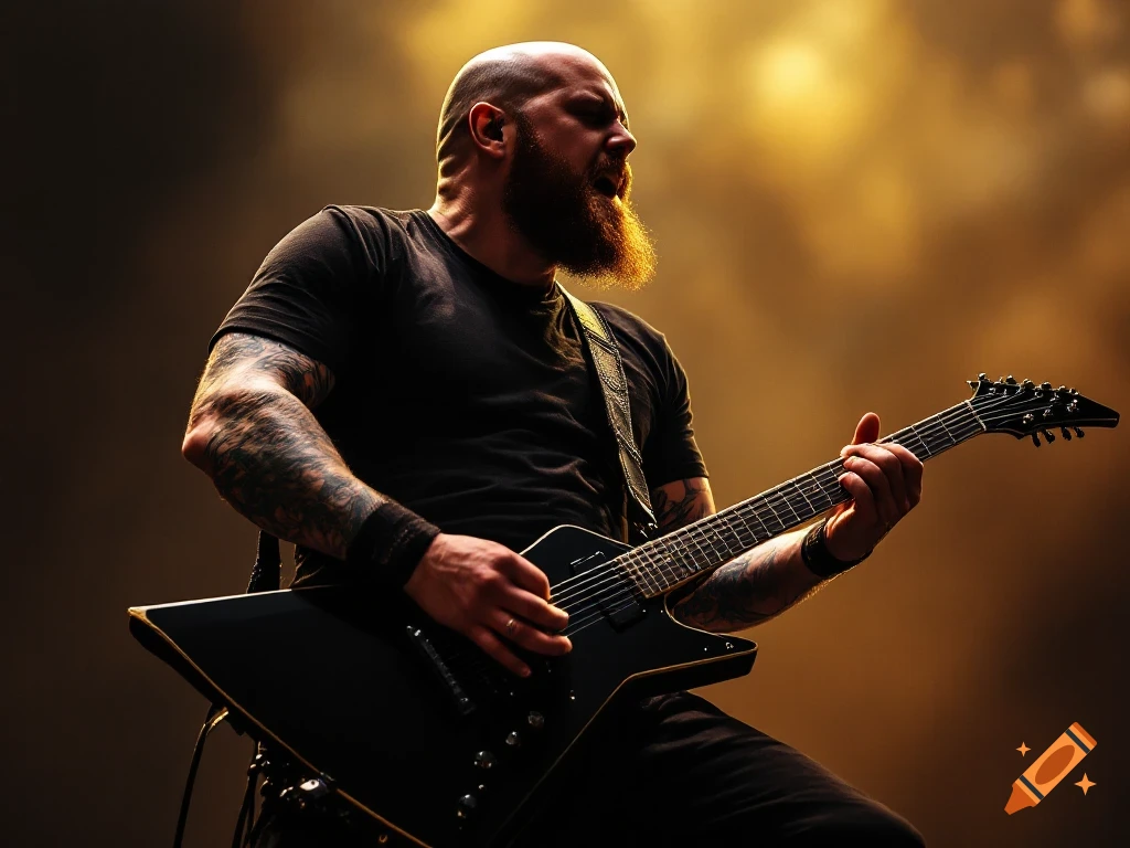 Bald, bearded musician with tattoos playing a black electric guitar on stage.