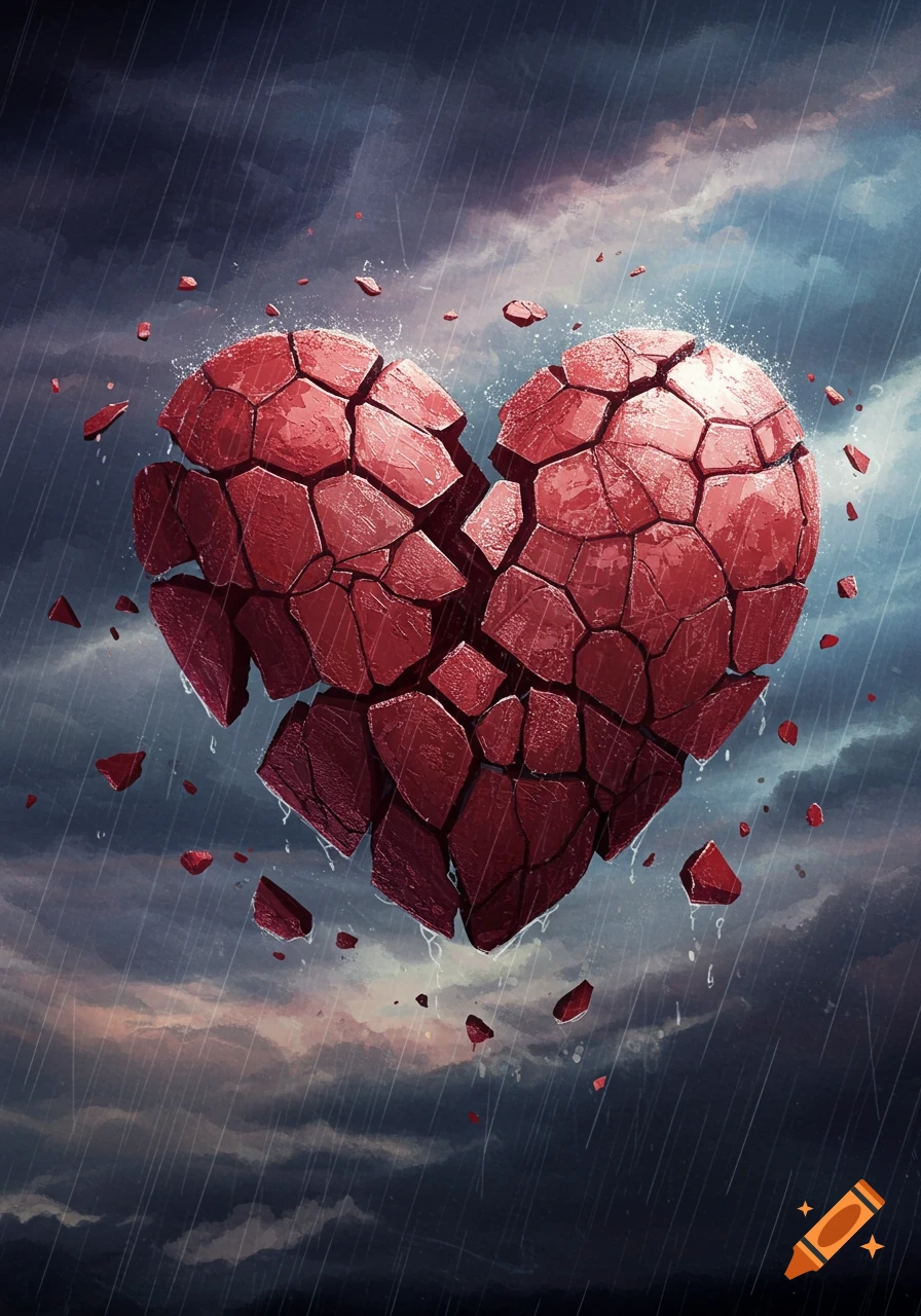 A broken heart made of red stone fragments floats in a rainy, stormy sky.
