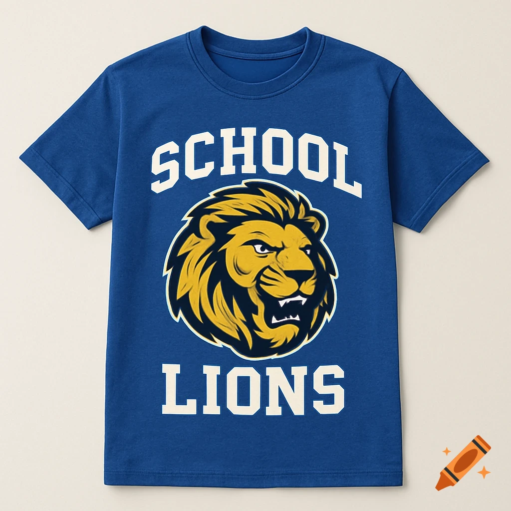 Blue t-shirt with a lion mascot and text 'SCHOOL LIONS'