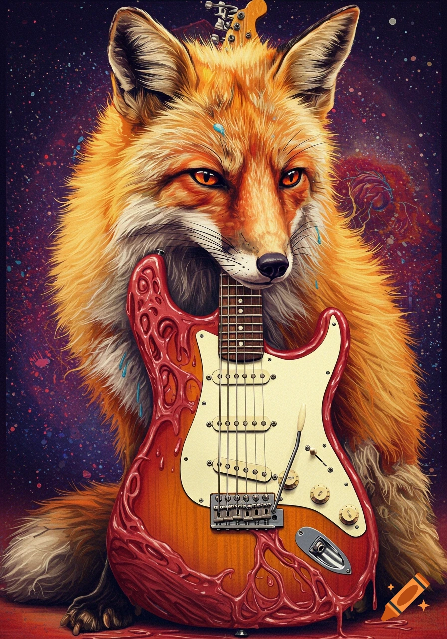A fox holding a guitar with a brain-like texture, against a colorful space background.