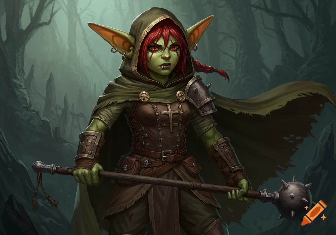 A female goblin cleric with red hair and green skin holding a mace in a dark forest.