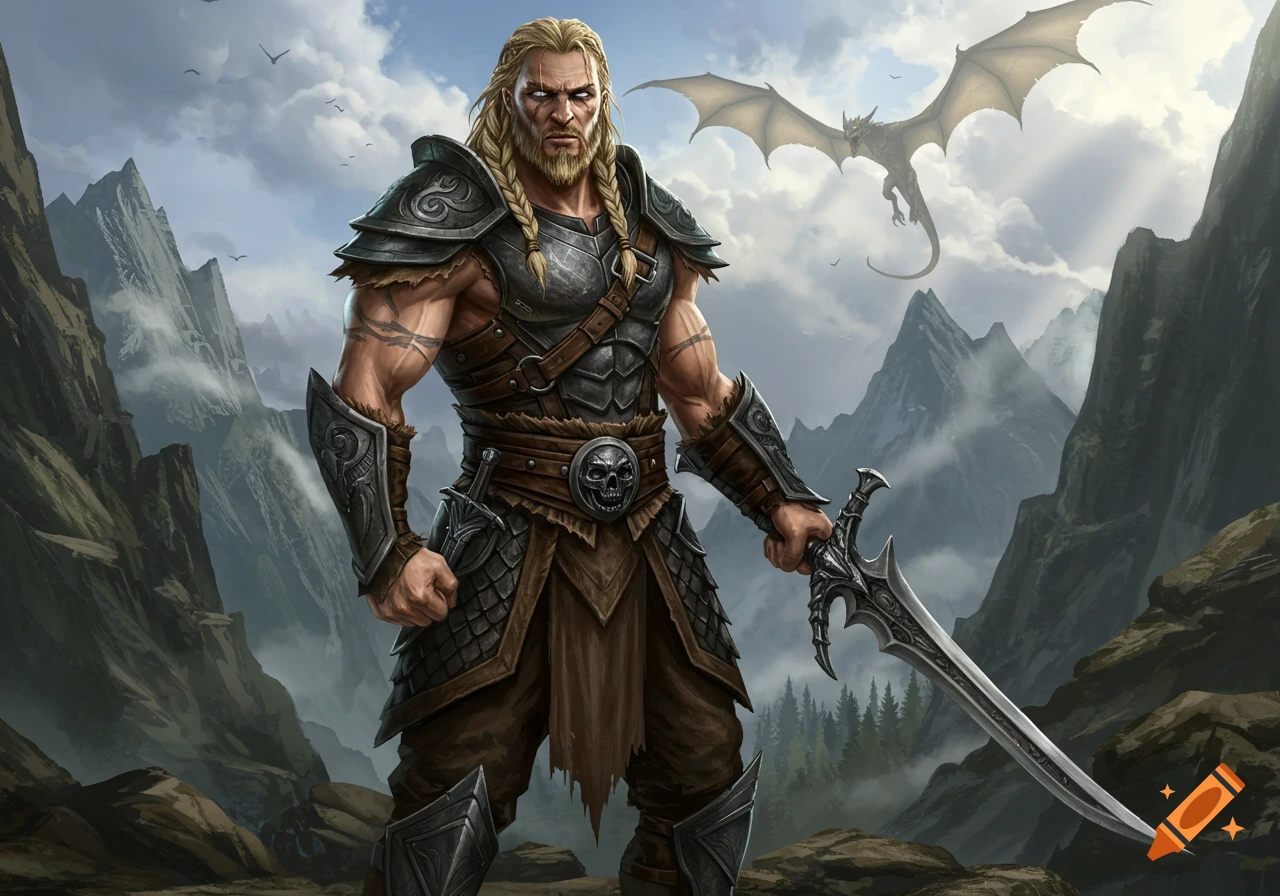 A muscular warrior holding a sword stands in a rocky mountain landscape with a dragon flying overhead.