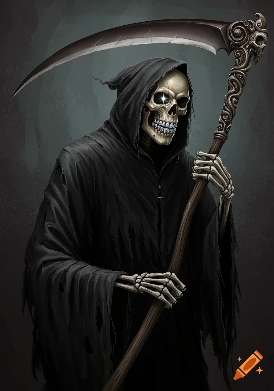 The Grim Reaper is depicted holding a scythe and wearing a diamond grill.