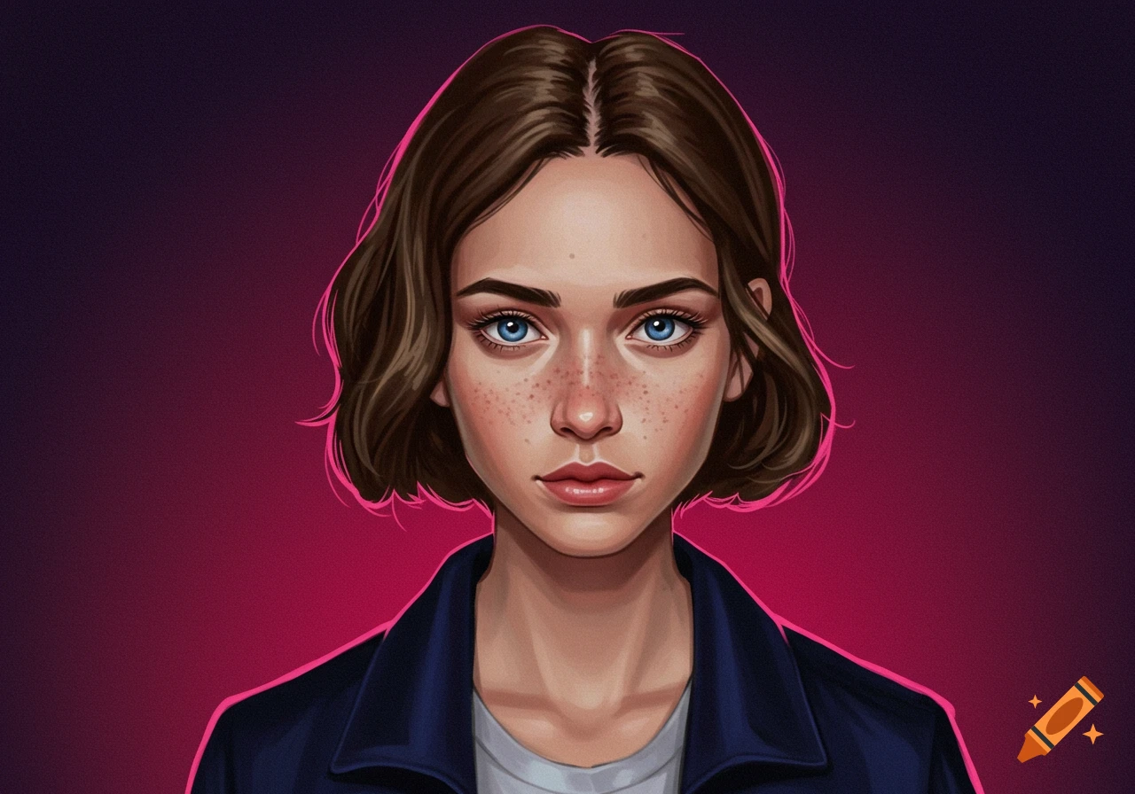 Portrait of a young woman with blue eyes and freckles.