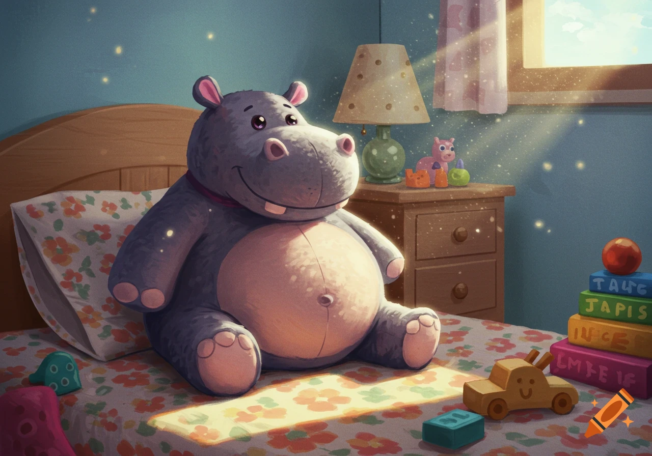 A large, fat stuffed hippo is sitting on a bed in a sunny bedroom with toys.