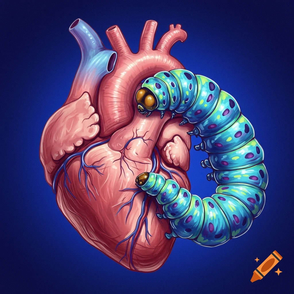 A human heart with a large, blue and green caterpillar wrapped around it.