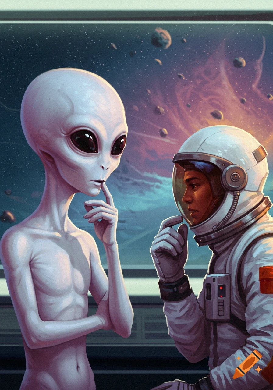 An alien and an astronaut look at each other in space.