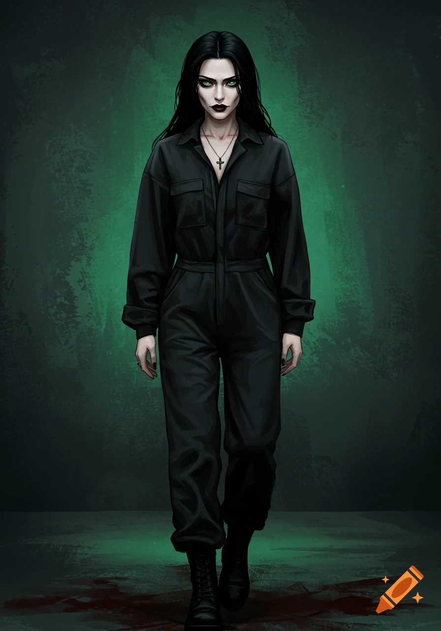 Goth woman in a black jumpsuit with green eyes and a cross necklace, standing on a bloody floor.