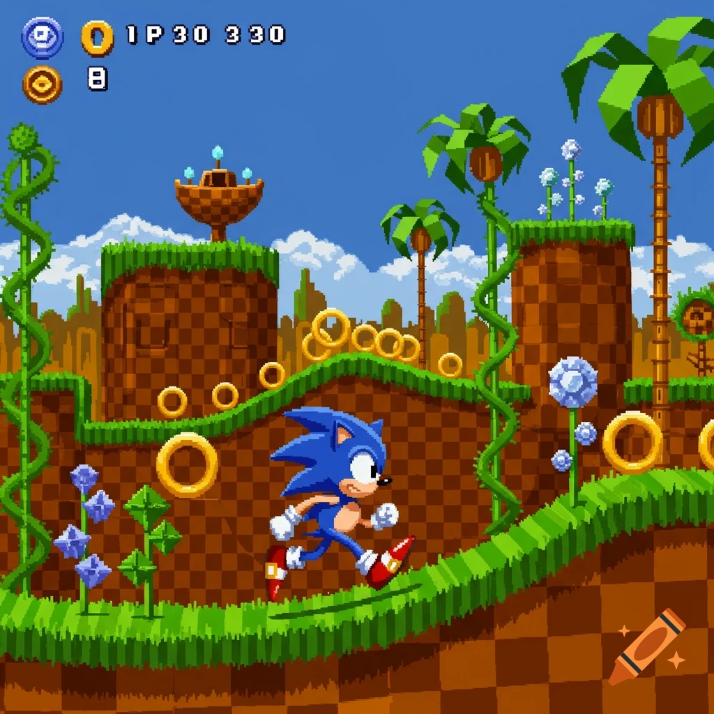 Pixel art of Sonic the Hedgehog running in Green Hill Zone with rings and enemies.