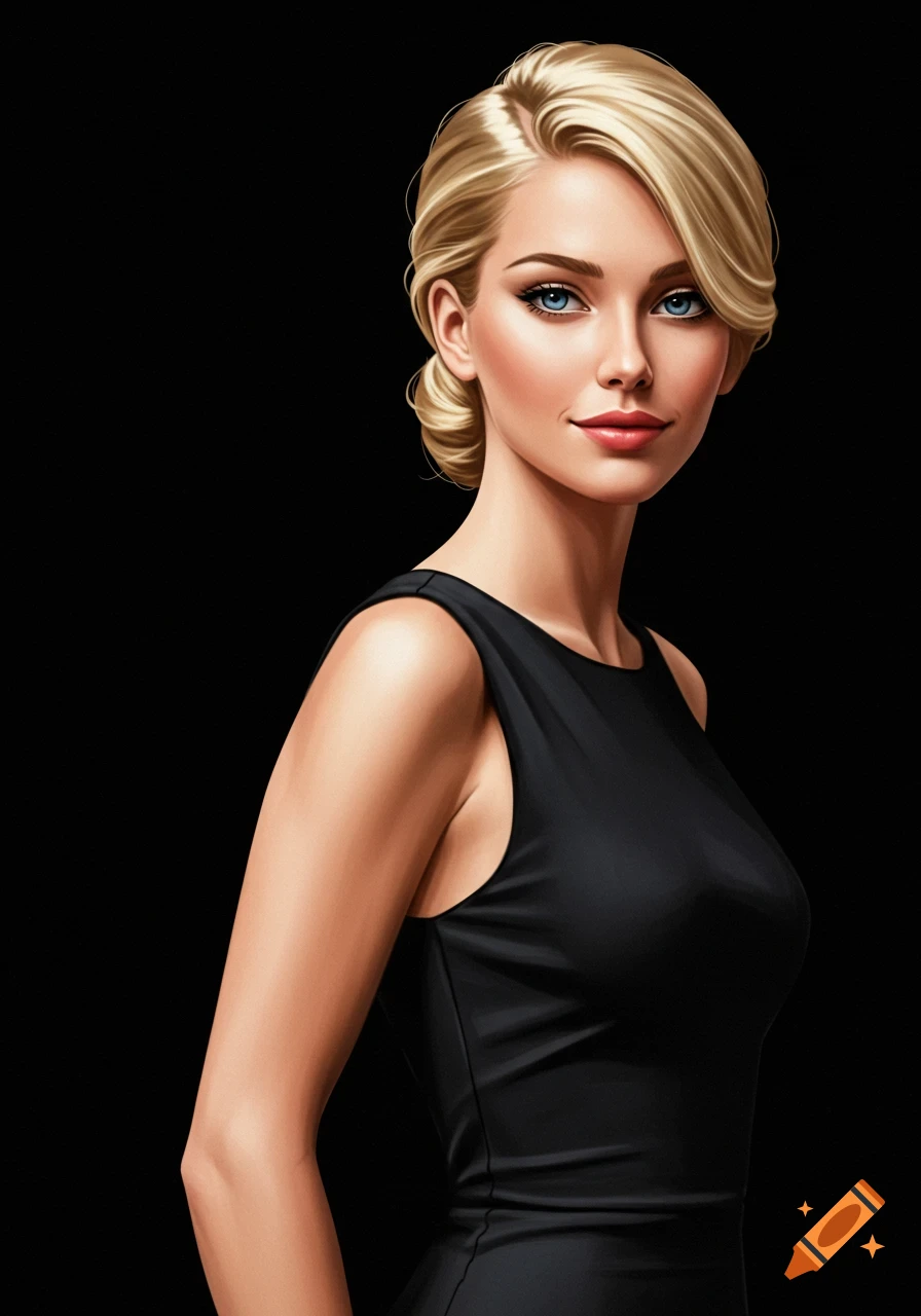 A blonde woman in a black dress against a black background.