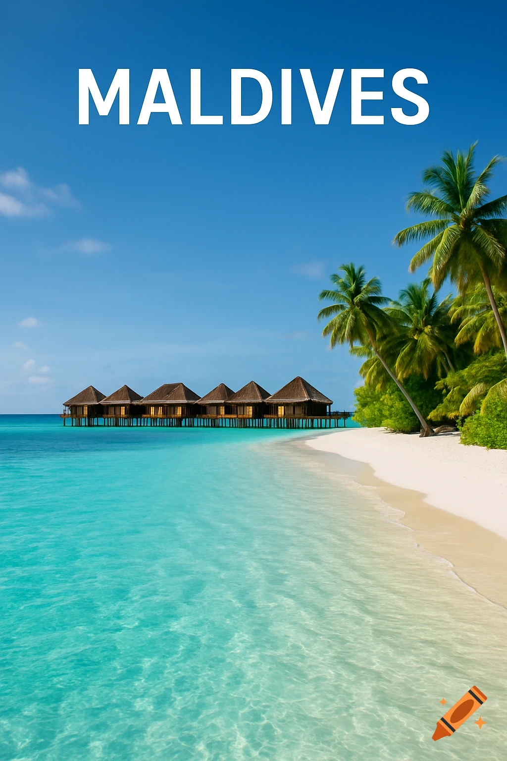 Tropical beach scene in the Maldives with overwater bungalows and palm trees, text overlay says MALDIVES