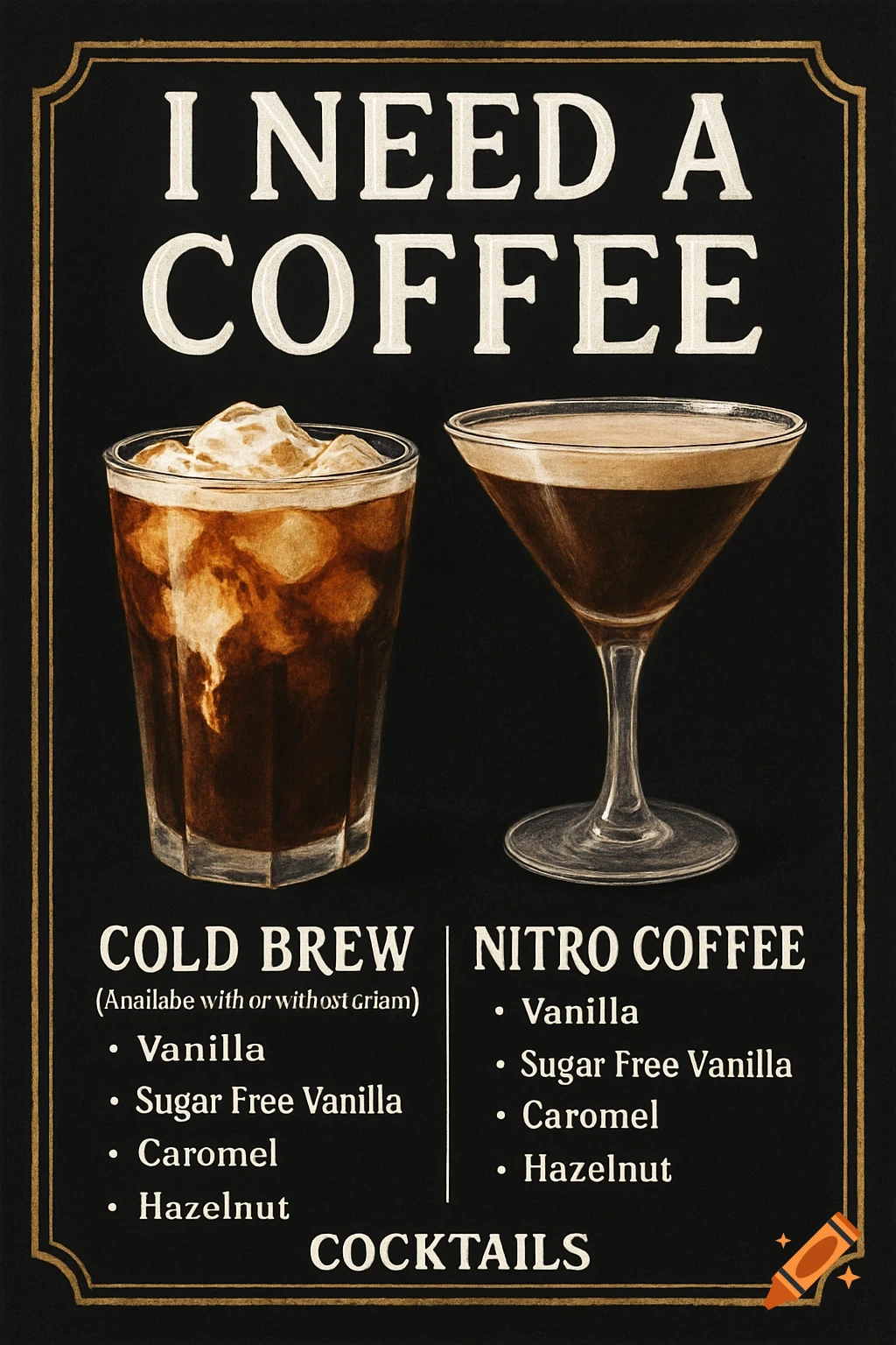 a coffee menu poster with iced coffee and coffee martini, listing cold brew, nitro coffee, and cocktails.