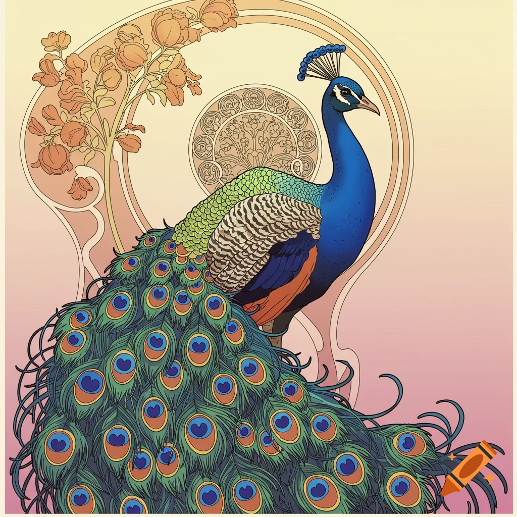 An art nouveau illustration of a peacock against a decorative floral background.