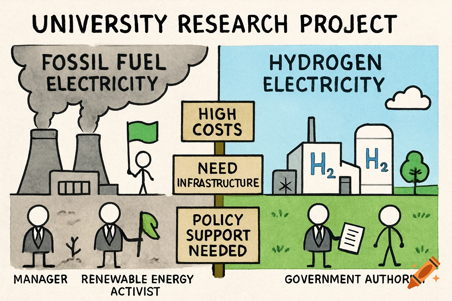 Hand-drawn diagram comparing fossil fuel and hydrogen electricity, showing challenges and people.