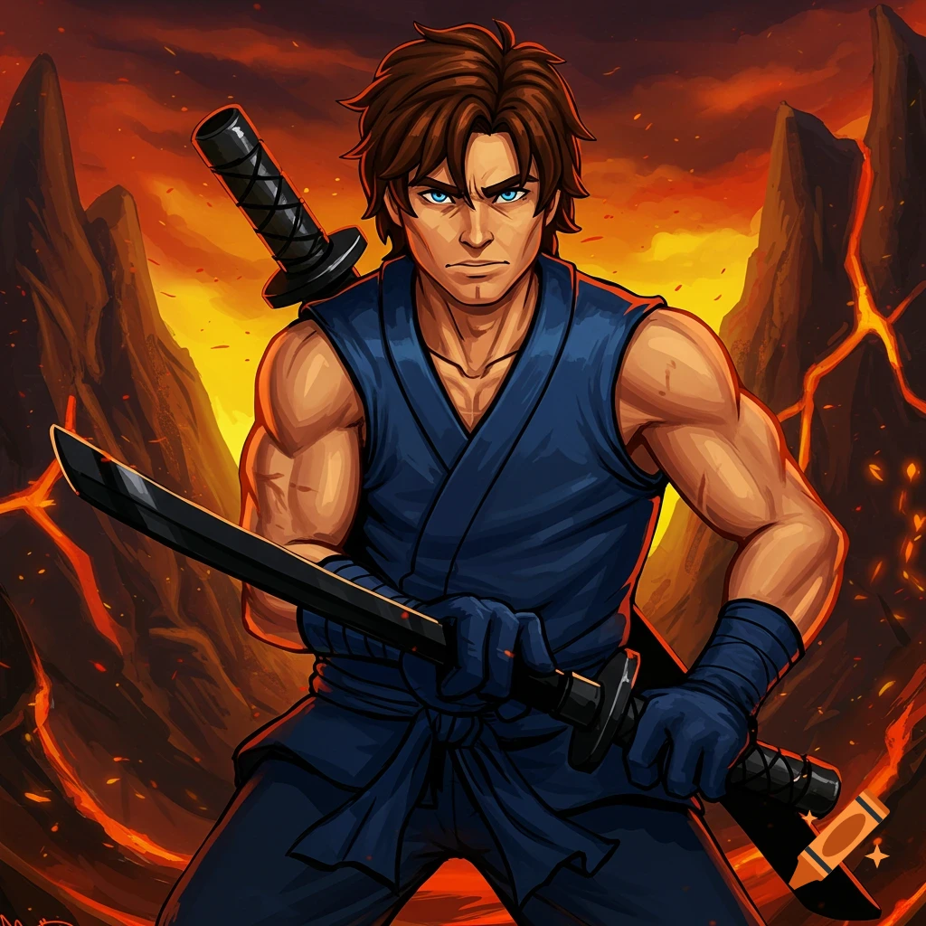 A ninja character with swords is in a volcanic landscape.