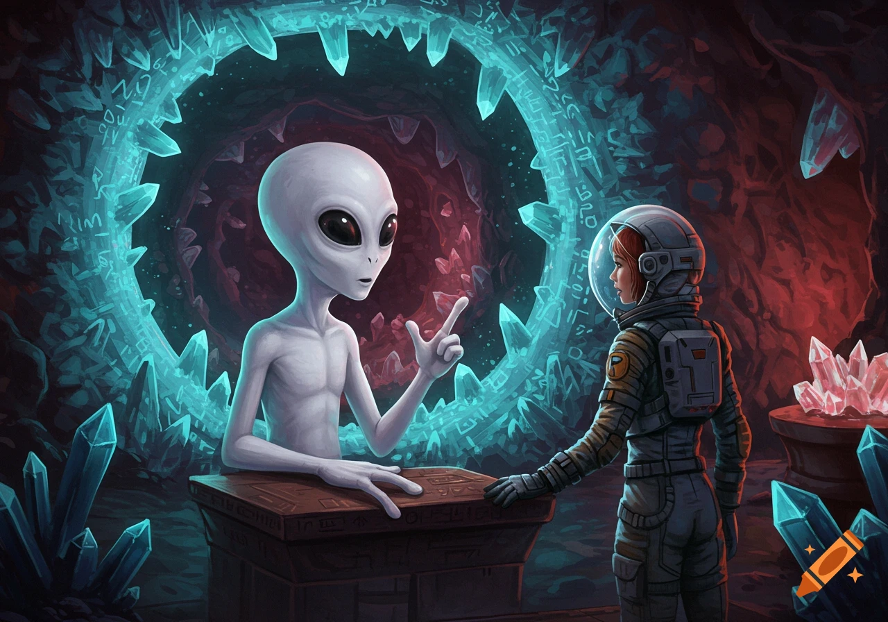 A grey alien talks to an astronaut in a cave filled with glowing blue crystals.
