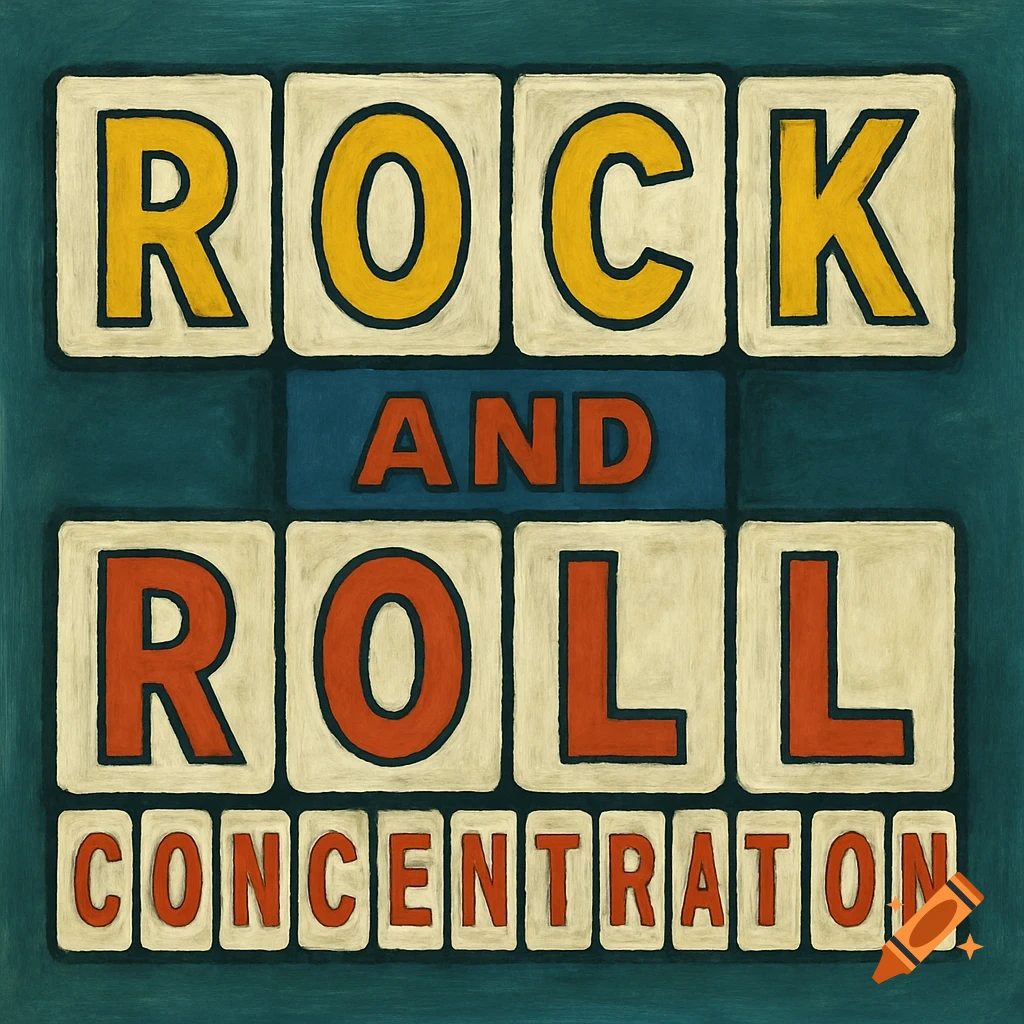 Yellow and red text on tiles spelling 'ROCK AND ROLL CONCENTRATION' against a teal background