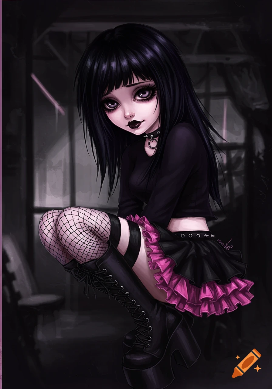An anime-style illustration of a gothic girl in a ruffled skirt and platform boots, crouching.