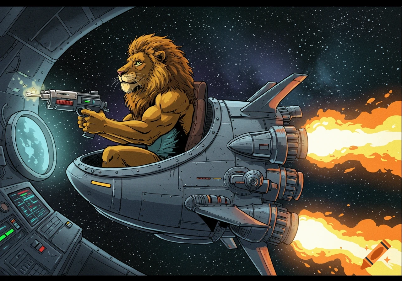 Cartoon lion in a spaceship fires a laser gun into space, illustrated.