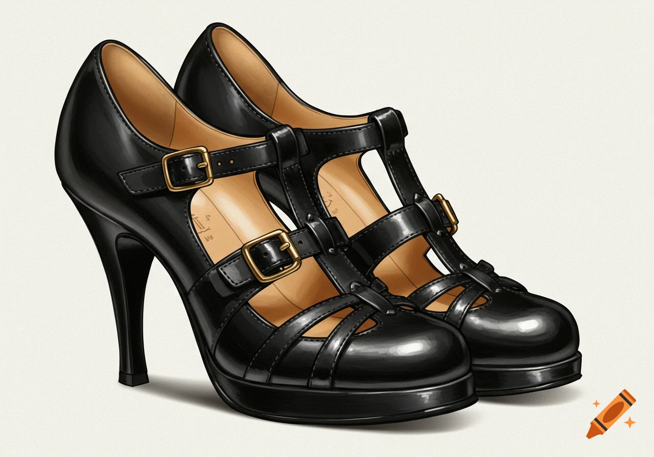 Black high-heeled Mary Jane shoes