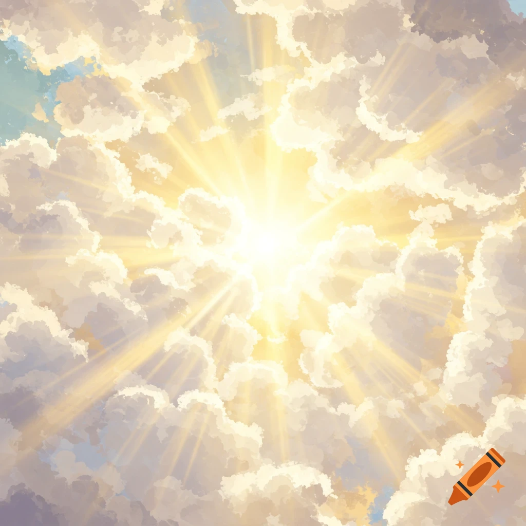 Sun rays breaking through white and grey clouds.