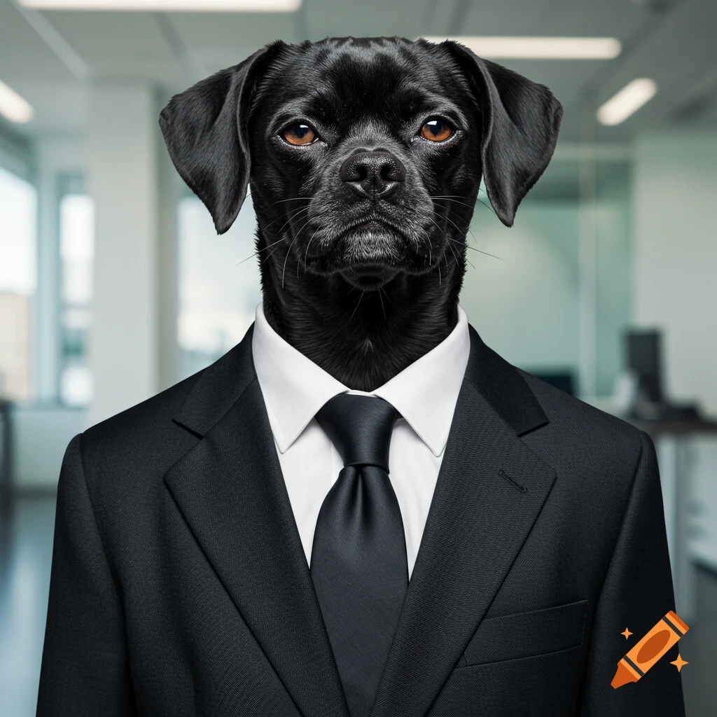 Photorealistic portrait of a black dog in a business suit standing in an office.