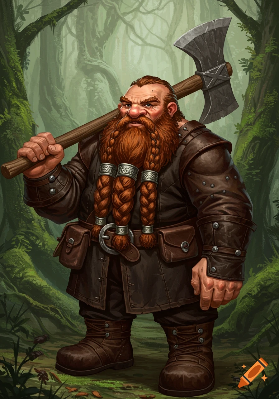 A dwarf in a forest holding an axe.