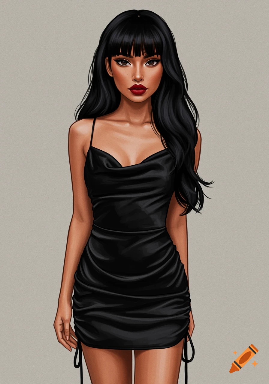 A woman in a black satin mini dress.