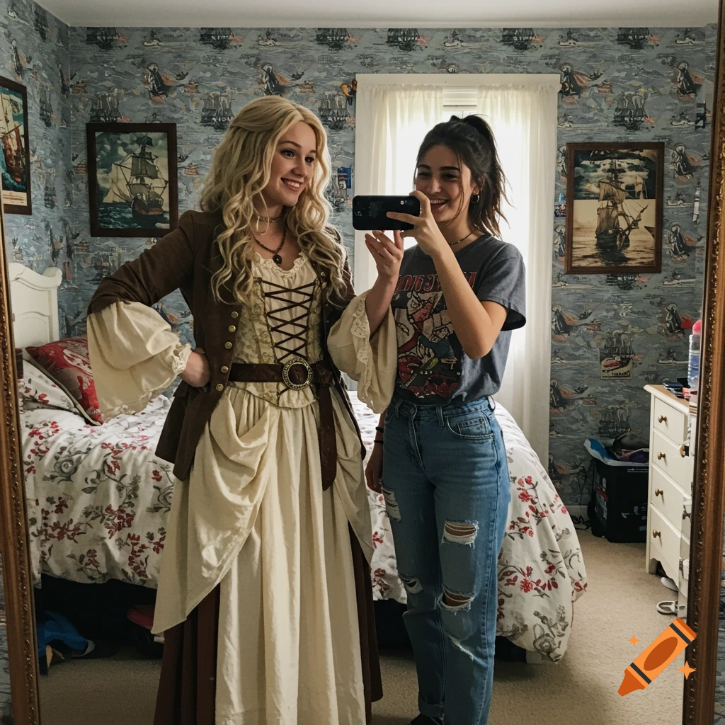 Two young women taking a mirror selfie in a bedroom, one in a pirate costume.