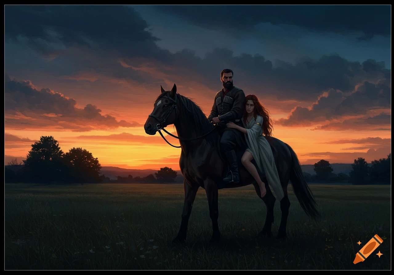 A man and woman are riding a horse in a field at sunset.