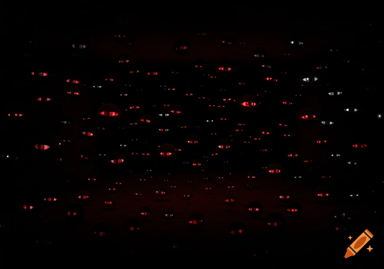 Dark room filled with many glowing red and white eyes staring.