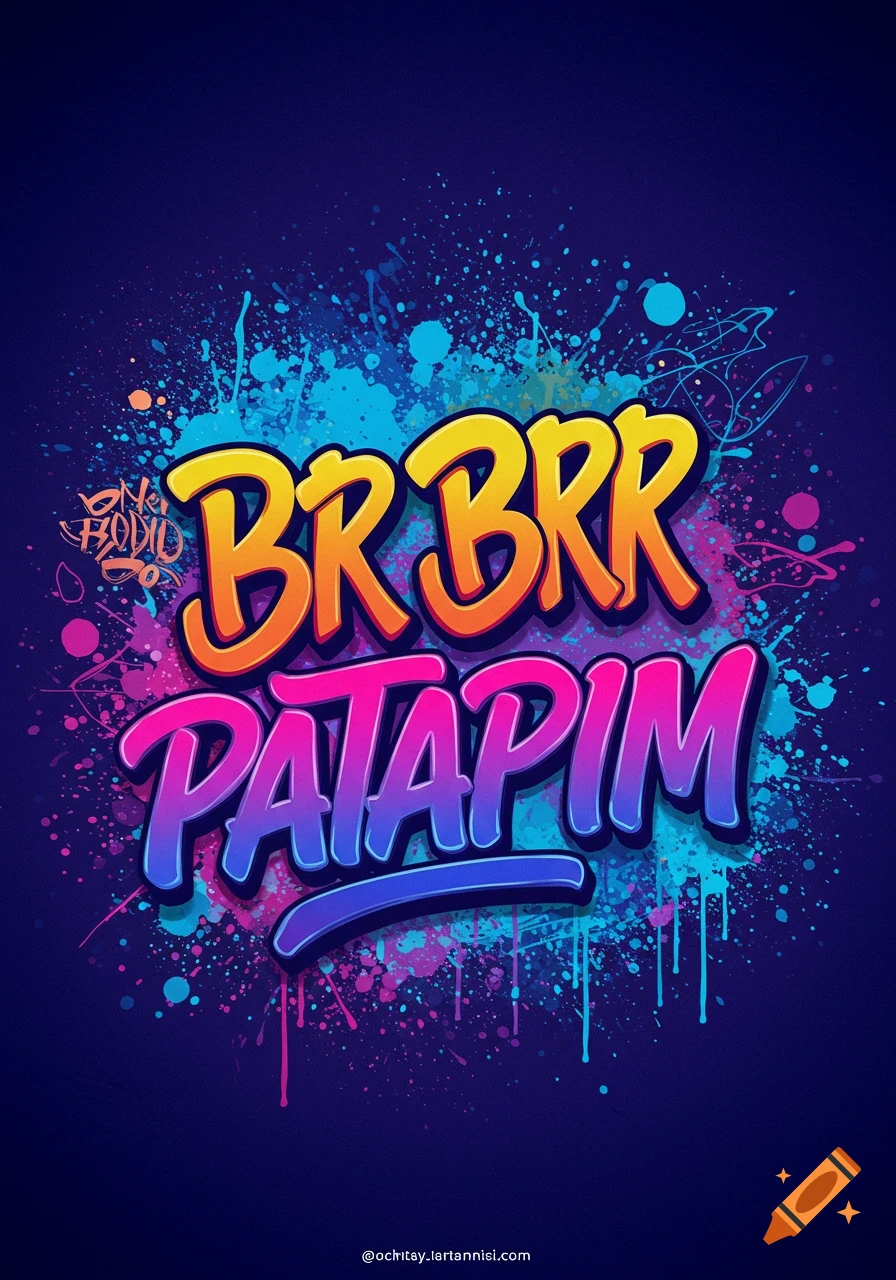 Stylized text 'BRR BRR PATAPIM' in yellow, orange, and pink over a blue background with colorful paint splatters.
