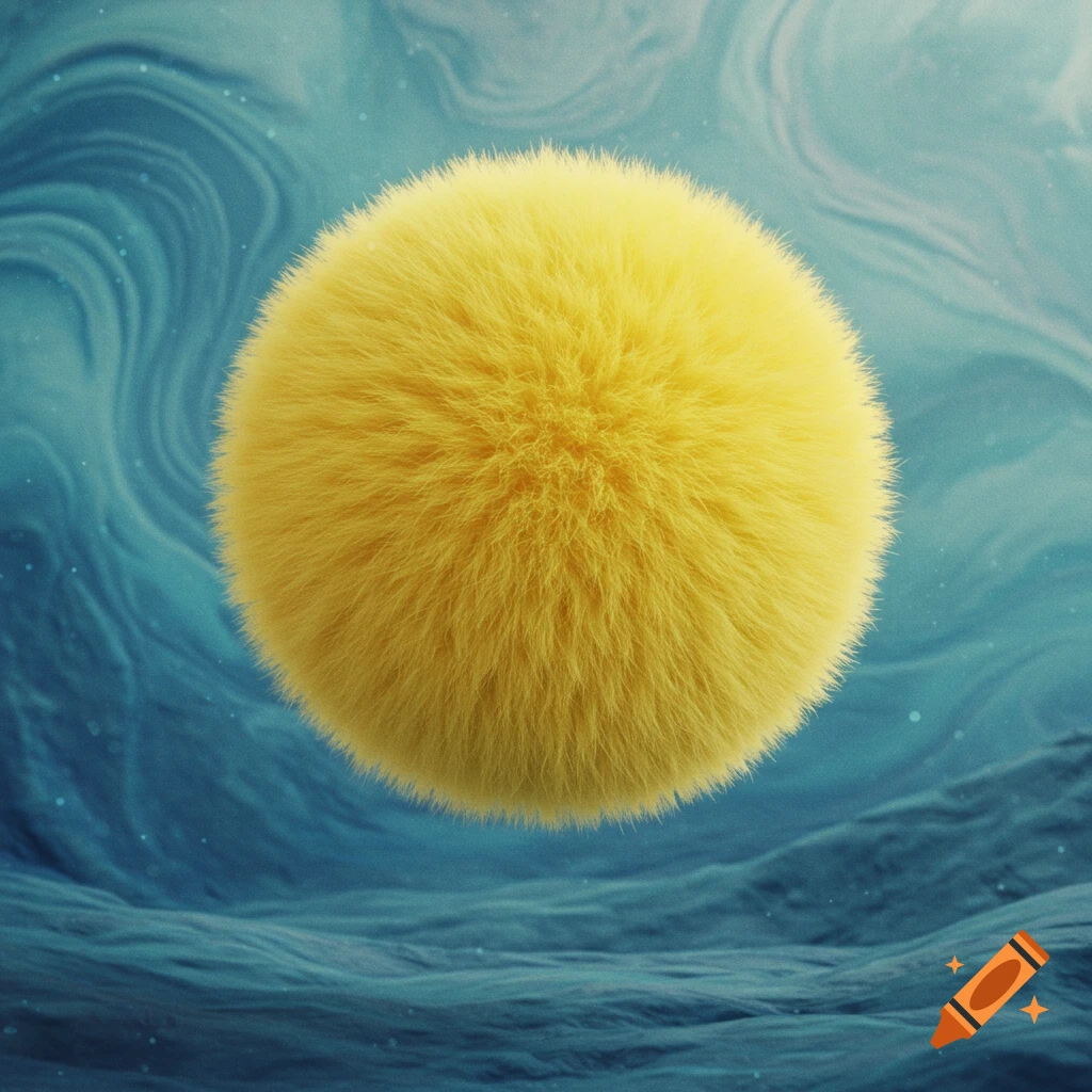 A fluffy yellow sphere floats above an abstract blue wavy background in digital art style.