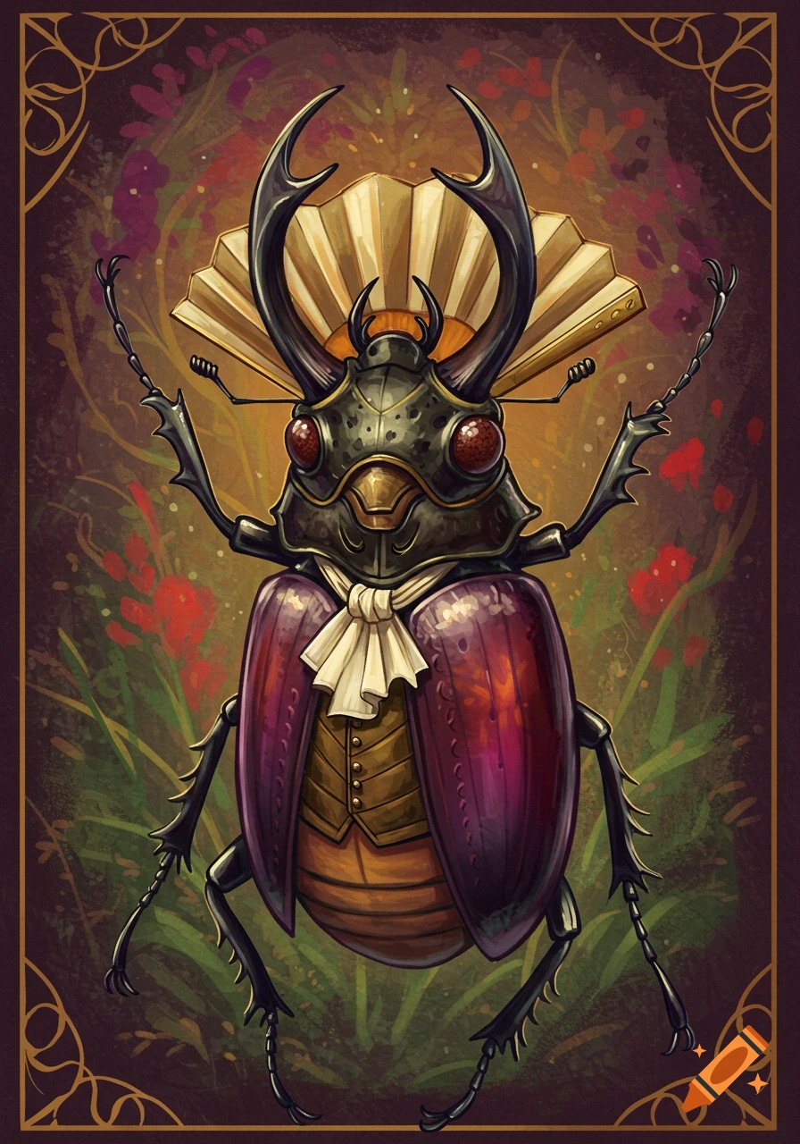 A beetle wearing a waistcoat and cravat, holding a fan.
