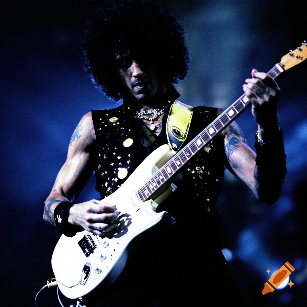 Musician playing white electric guitar on stage under blue lights