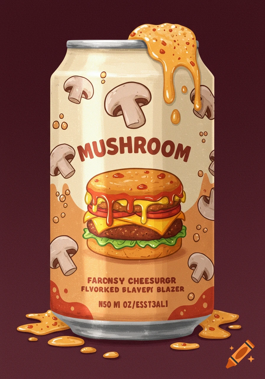 A can labeled "MUSHROOM" with a cheeseburger illustration and dripping cheese/sauce. Stylized mushrooms surround the can.
