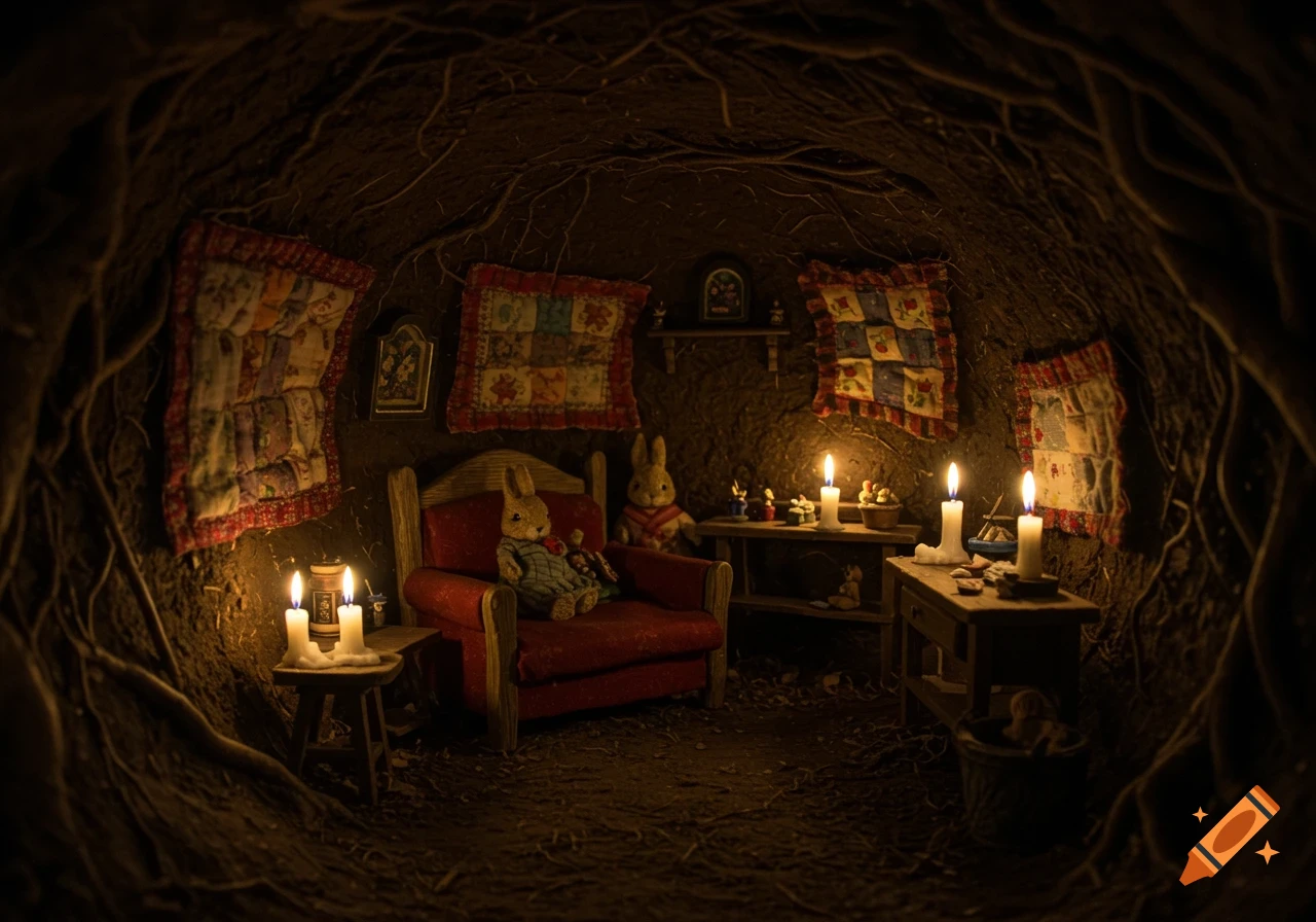 Cozy rabbit burrow interior with plush rabbits, furniture, candles, and roots.