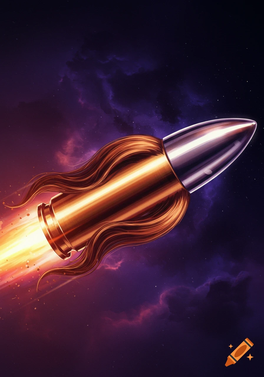 A speeding bullet with a mullet flying through space.