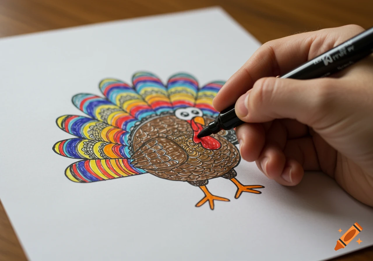 Hand drawing a colorful turkey on paper with a black marker.